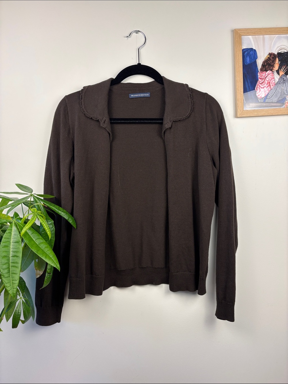 Brandy Melville Dark Brown Scalloped Collar Open Cardigan